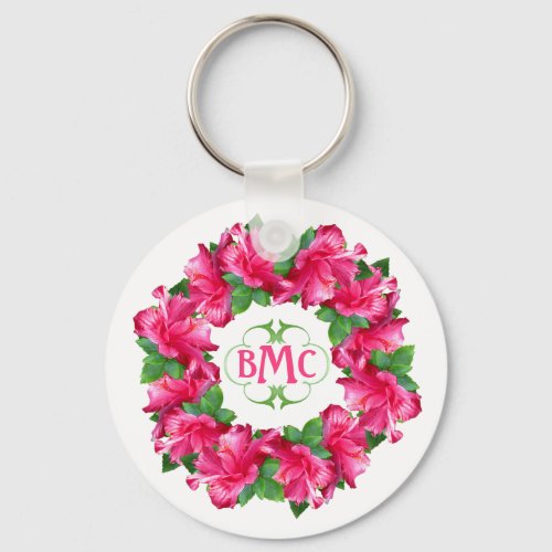 Natural Fresh Pink Hibiscus Blossoms Monogrammed Keychain
