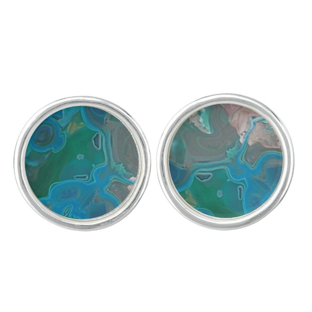 Natural Gem Photo Deep Blue Green Marbled Gemstone Cufflinks (Front)