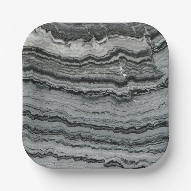Natural gemstone black white agate marble texture paper plates (Front)