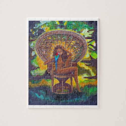 Natural Girl with bird on peacock chair Jigsaw Puzzle