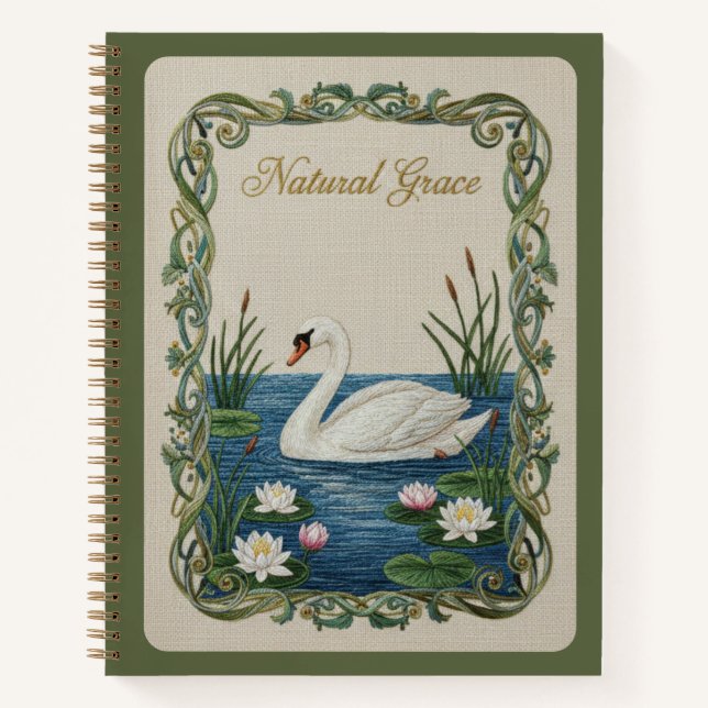 Natural Grace Embroidered Swan Water Lily Notebook (Front)