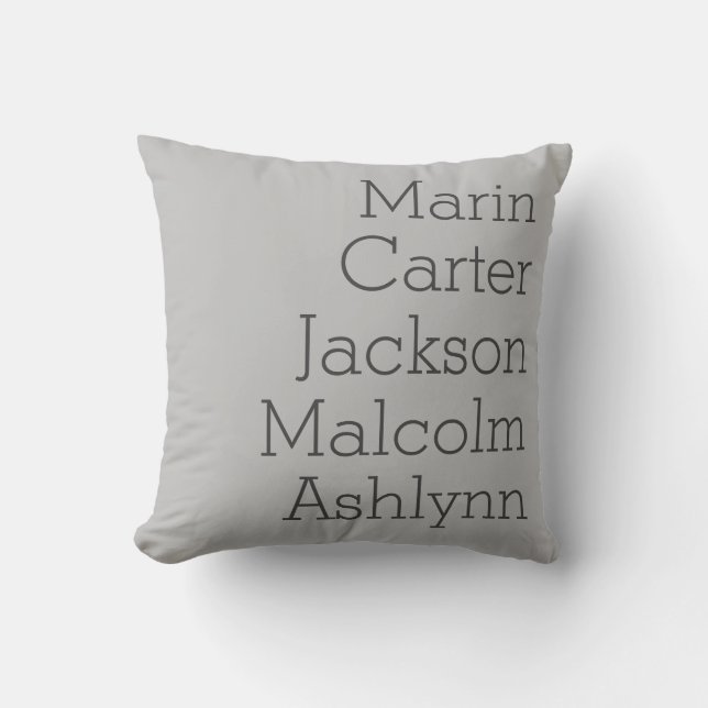 Natural Gray Five Kids Names Personalized Family Throw Pillow (Front)