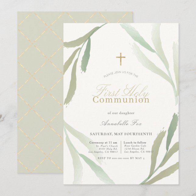 Natural Green Foliages First Holy Communion Invitation (Front/Back)