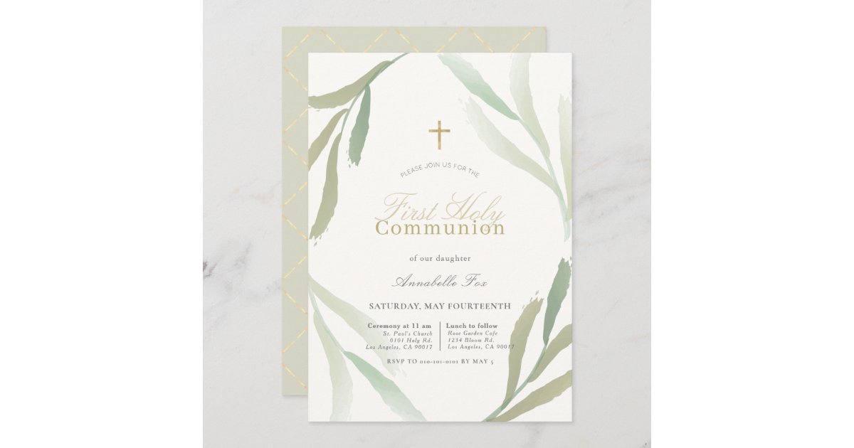 Natural Green Foliages First Holy Communion Invitation | Zazzle