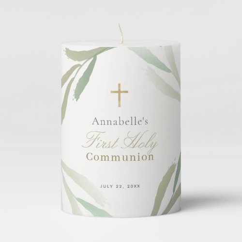 Natural Green Foliages First Holy Communion Pillar Candle