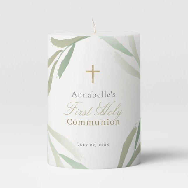 Natural Green Foliages First Holy Communion Pillar Candle (Front)