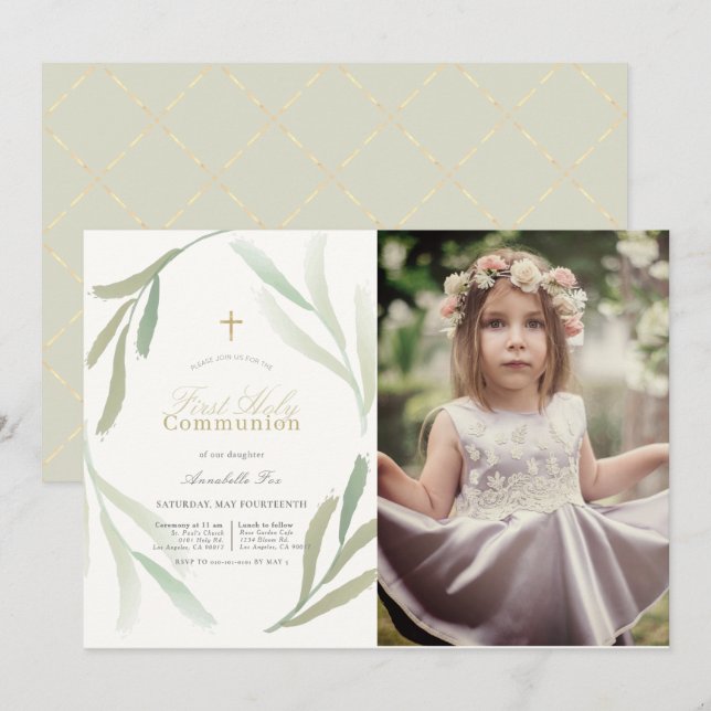 Natural Green Foliages Photo First Holy Communion Invitation (Front/Back)