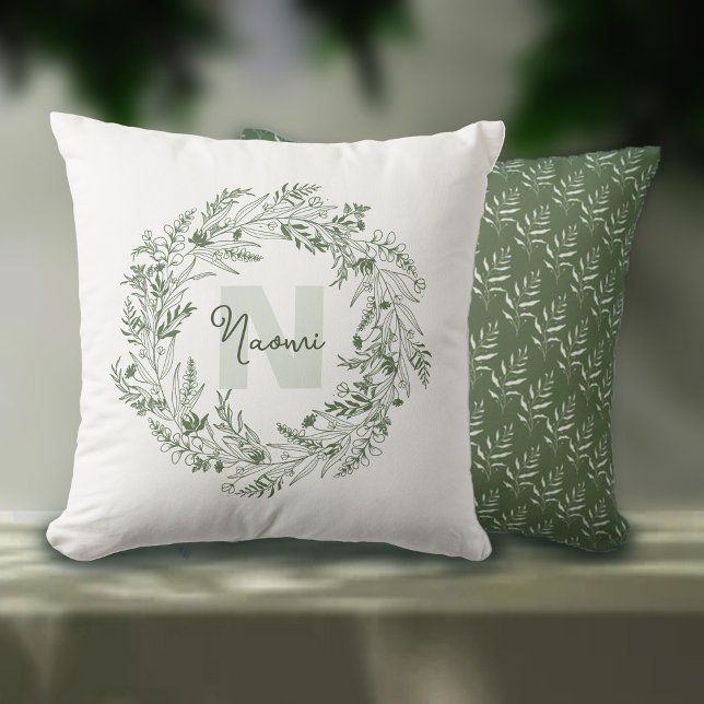 Natural Green Leafy Monogram N Throw Pillow (Creator Uploaded)