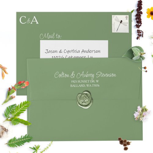 Natural Green Pre_addressed Monogram Wedding Envelope