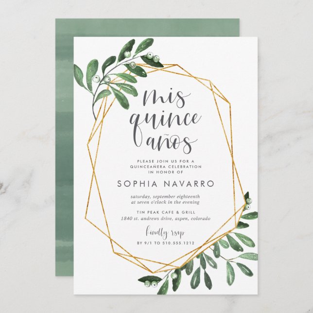 Natural Greenery | Watercolor Quinceanera Invitation (Front/Back)