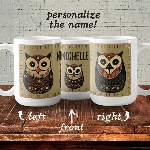 Natural Hygge Scandinavian Folk Art Owl Name  Coffee Mug