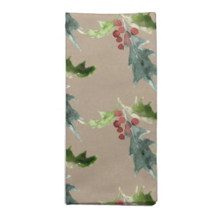 Natural Kraft Winter Holly Branch & Berries Cloth Napkin