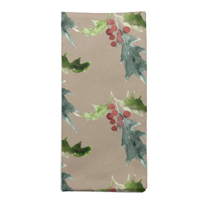 Natural Kraft Winter Holly Branch & Berries Cloth Napkin (Folded)