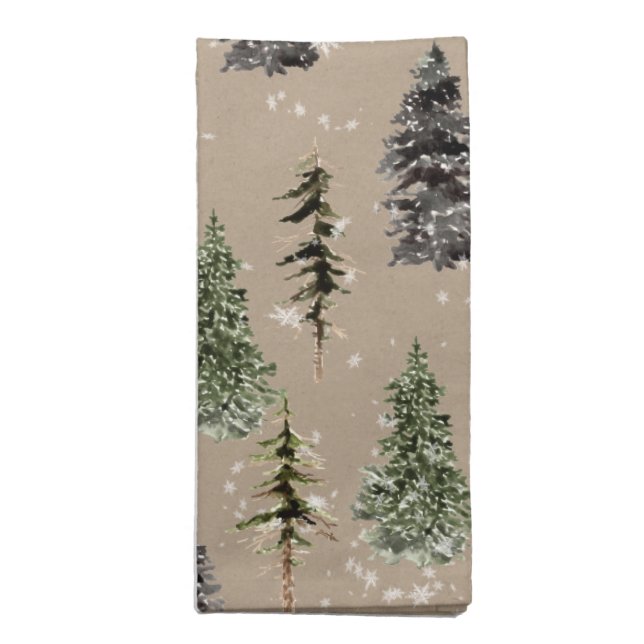 Natural Kraft Winter Woodland Snowy Spruce Trees Cloth Napkin (Folded)