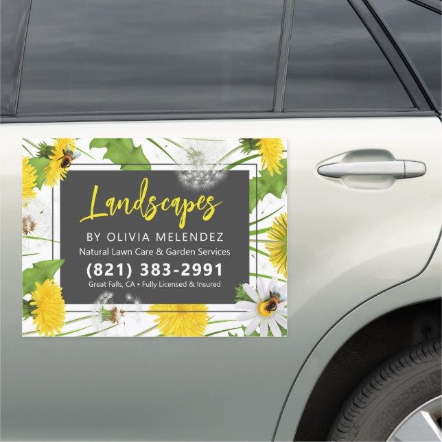 Natural Lawn Care Service Dandelion & Bees Promo Car Magnet (In Situ)