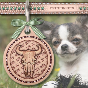 Natural Leather Bad To The Bone Embossed Cow skull Pet ID Tag