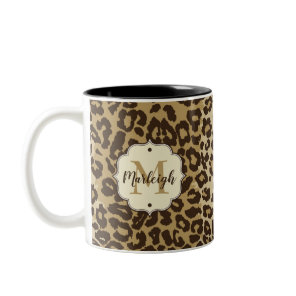 Natural Leopard Custom Monogram Name Two-Tone Coffee Mug