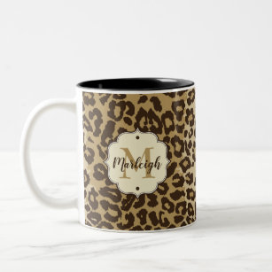 Natural Leopard Custom Monogram Name Two-Tone Coffee Mug