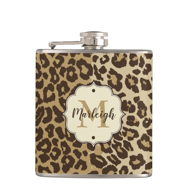 Natural Leopard Print Custom Monogram Name Flask (Front)