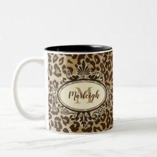 Natural Leopard Print Custom Monogram Name Two-Tone Coffee Mug