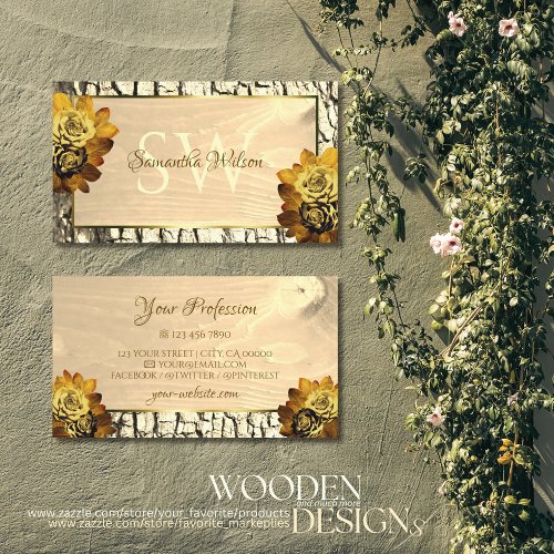 Natural Light Brown Wood Grain and Initials Floral Business Card