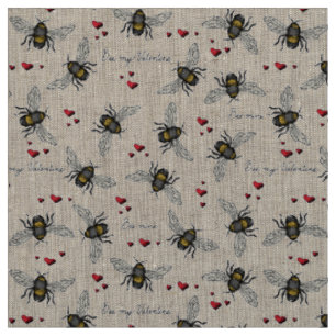 Natural Linen Bee Mine Bees Illustration Pattern Fabric