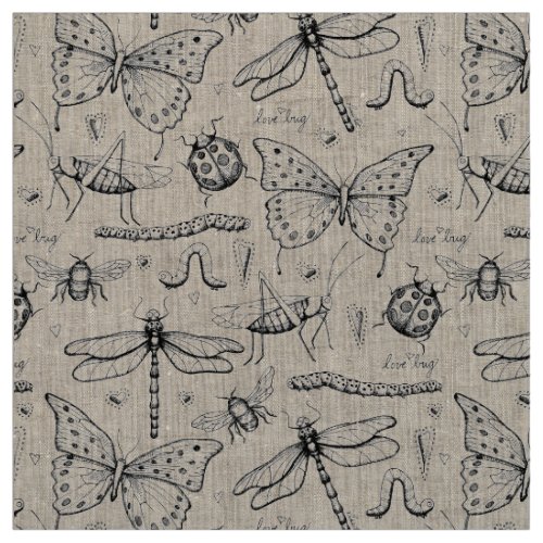 Natural Linen Elegant Insects Illustration Pattern Fabric