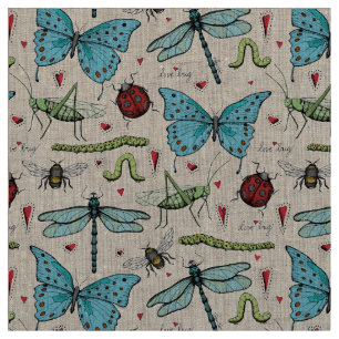Natural Linen Love Bug Insect Illustration Pattern Fabric