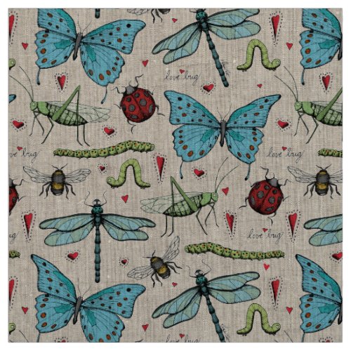 Natural Linen Love Bug Insect Illustration Pattern Fabric