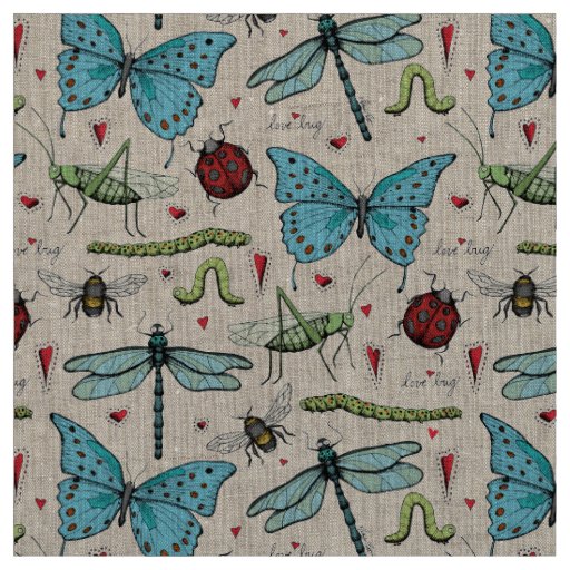 Natural Linen Love Bug Insect Illustration Pattern Fabric