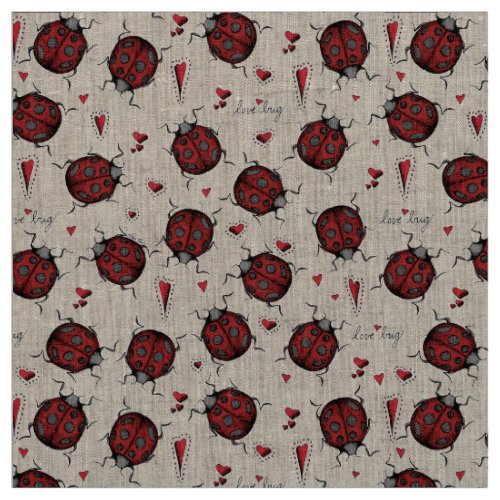 Natural Linen LoveBug Ladybug Illustration Pattern Fabric