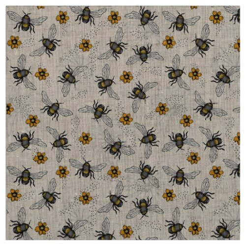 Natural Linen Rustic Illustrated Honey Bee Floral Fabric