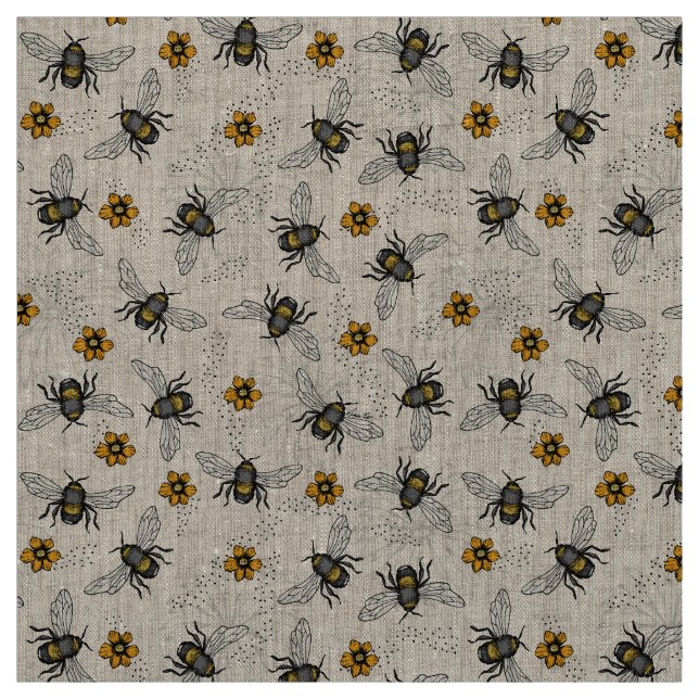 Natural Linen Rustic Illustrated Honey Bee Floral Fabric (Swatch)