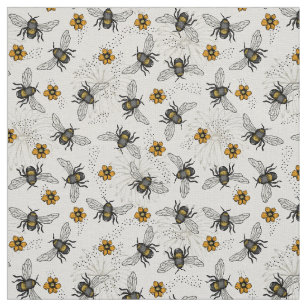 Natural Linen Rustic Illustrated Honey Bee Floral Fabric