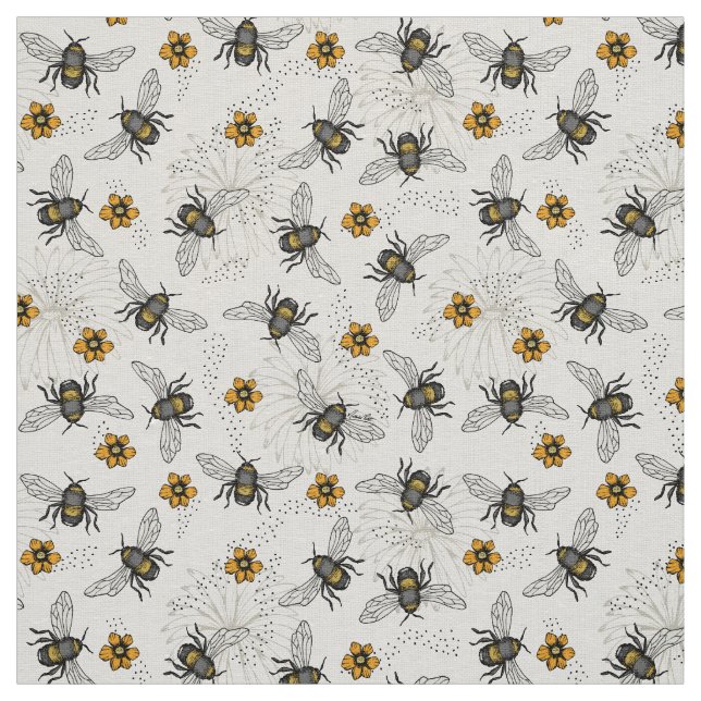 Natural Linen Rustic Illustrated Honey Bee Floral Fabric (Swatch)
