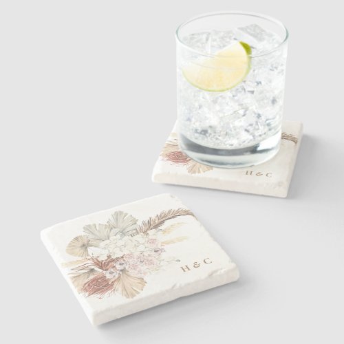 Natural Marble Pampas Dried Grass Floral Wedding Stone Coaster