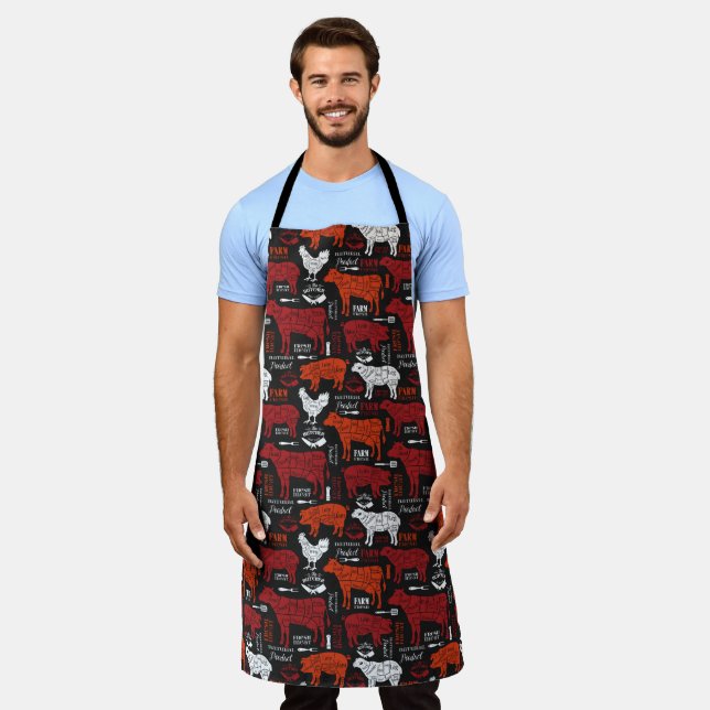 Natural Meat Cuts Pattern Cow Hog Chicken Sheep Apron (Worn)