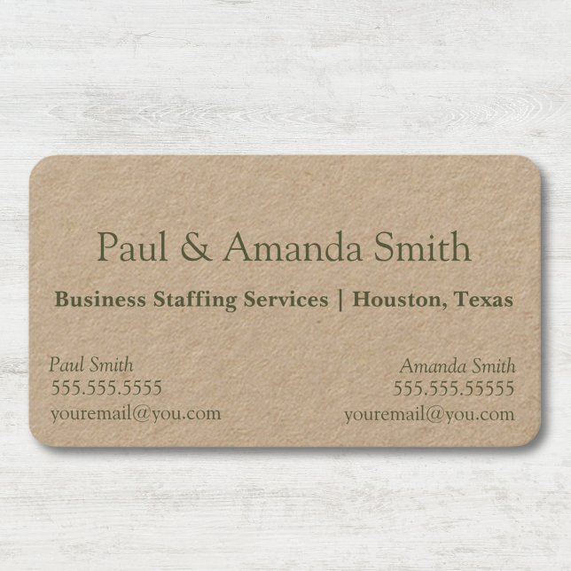 Natural Minimalist Kraft Business Card w/ 2 Names (business card with slot for two names professional Kraft brown with green text, two contacts)