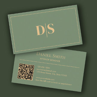 Natural Minimalist Muted Green Initials QR Code Business Card