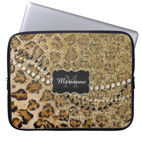 Natural n Gold Leopard Animal Print Glitter Look Laptop Sleeve