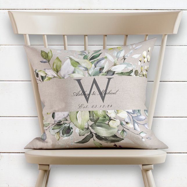 Natural Neutral Greenery Monogram Wedding Keepsake Throw Pillow (Creator Uploaded)