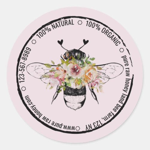 Natural Organic Hearts Floral Apiary Honey Bee Classic Round Sticker