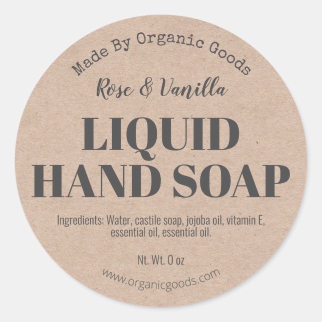 Natural Organic Kraft Liquid Hand Soap Labels (Front)
