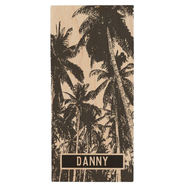 Natural Palm Trees Design to Personalise Wood Flash Drive (Front Vertical)