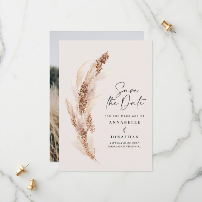 natural pampas grass wedding photo save the date (Front/Back In Situ)