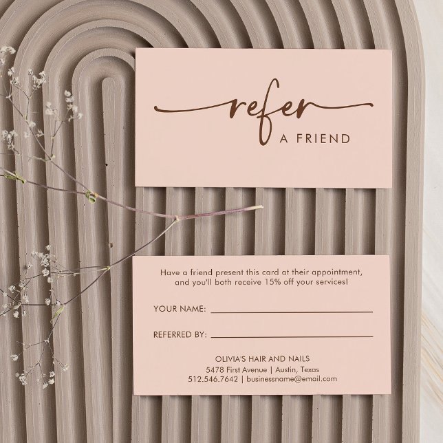 Natural Peach and Brown Modern Handwritten Script Referral Card (Creator Uploaded)