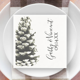 Natural Pine Cone on White Wedding Napkins