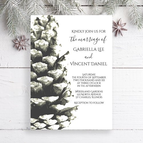 Natural Pine Cone on White Woodland Wedding Invitation