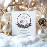 Natural Pine Hoop Wreath Holiday Card<br><div class="desc">Happy Holidays signature script. Rustic nature watercolor pine branches,  pinecones and berries,  hoop wreath. Coordinating rustic red color backing.</div>
