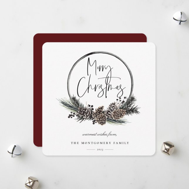 Natural Pine Hoop Wreath Holiday Card (Front/Back In Situ)